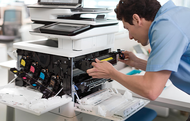 Technician performing onsite printer repair